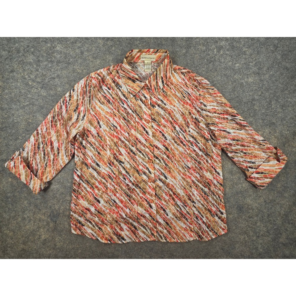 Drapers & Damons Womens XL Blouse Abstract Stripe Crinkle 3/4 Sleeve Button Up